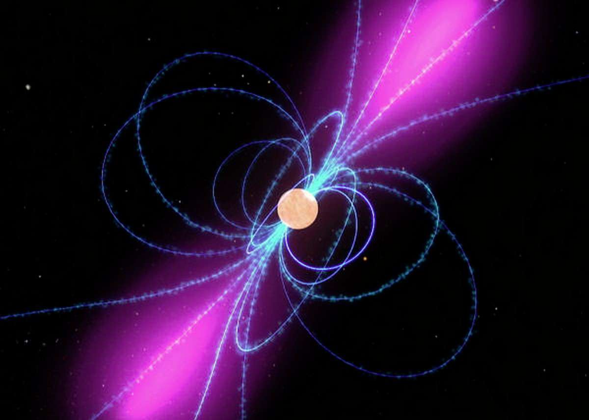 Représentation artistique d'un pulsar. Des nuages de particules chargées se déplacent le long des lignes de champ magnétique (en bleu) et créent un faisceau de rayons gamma (en violet), à la manière d'un phare marin. © Nasa, CNRS