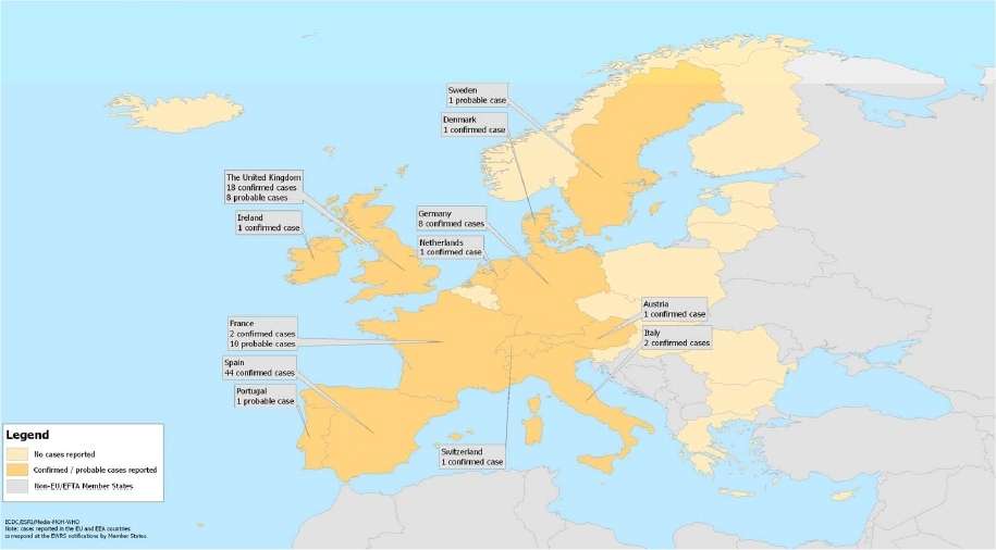 Etat européen de l'épidémie de grippe A/H1N1 par l'ECDC. En couleur orangée, les pays où des cas ont été confirmés. En jaune pâle, ceux où aucun cas n'est signalé. En gris, les pays ne particpant pas à l'ECDC. © ECDC