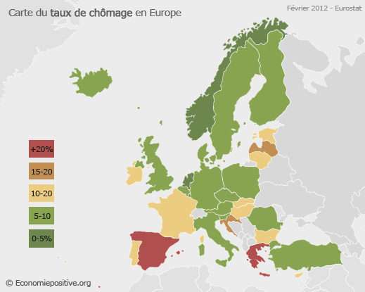 Carte du taux de chômage en Europe (données de février 2012). Depuis 2012, le taux de chômage en France reste élevé et supérieur à 10 %. © GaillardA, Wikimedia Commons, cc by sa 3.0
