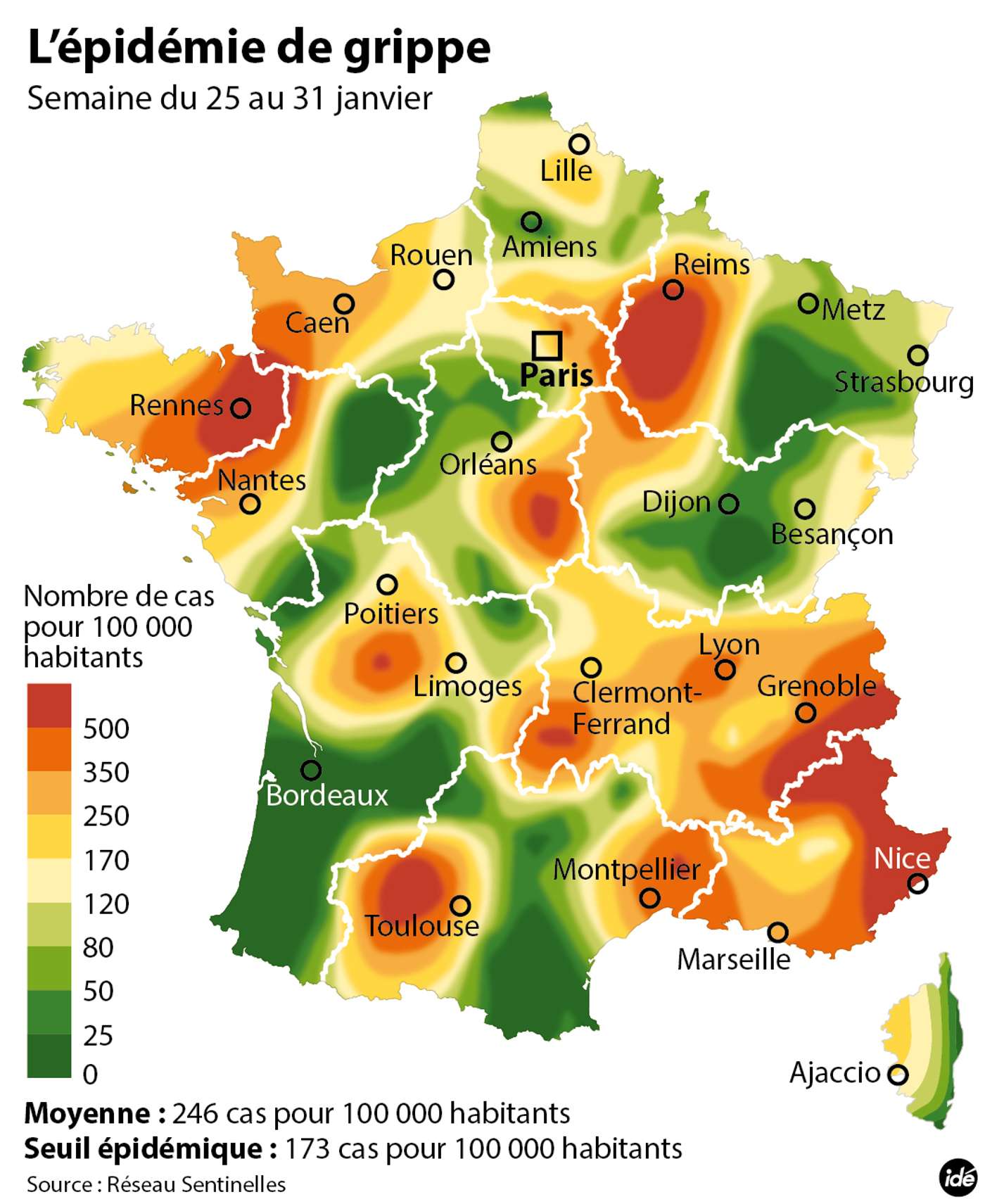 La France a dépassé le seuil épidémique. Cette carte représente le nombre de cas de grippe pour 100.000 habitants selon les différentes régions, la semaine du 25 au 31 janvier 2016. © idé