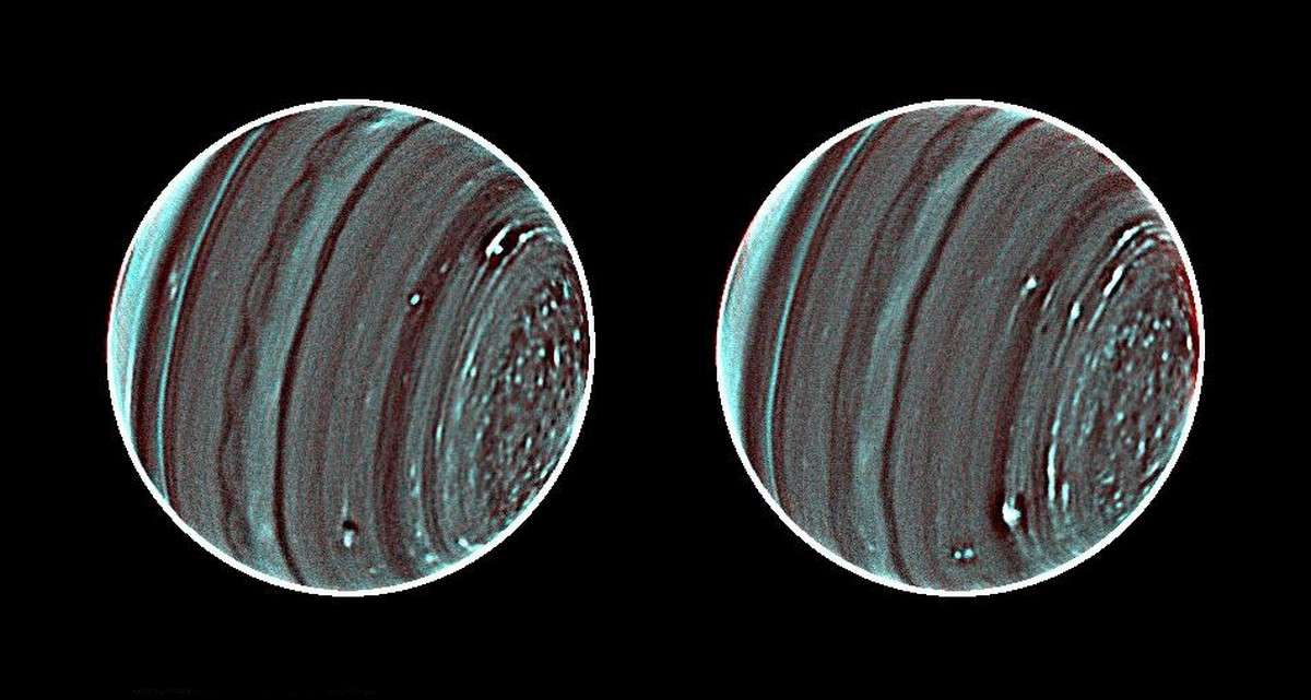 En observant l'atmosphère d'Uranus en infrarouge, le télescope Keck est parvenu à nous en révéler l'atmosphère agitée. © Nasa, Esa, L.-A. Sromovsky, P.-M. Fry, H.-B. Hammel, I. de Pater, K.-A. Rages