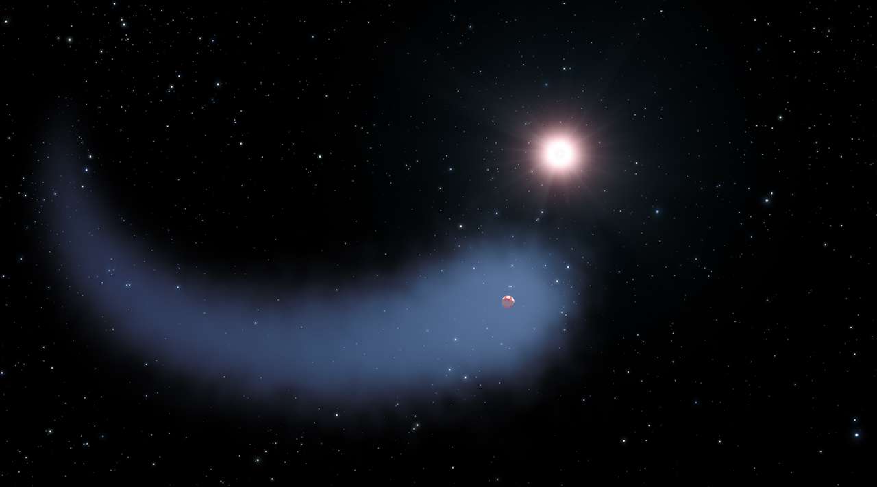 Illustration de GJ 436b et de son long nuage de gaz. Le rayonnement de l’étoile hôte (Gliese 436) décape lentement l’atmosphère de cette Neptune chaude située à seulement 30 années-lumière de nous. © Nasa, Esa, G. Bacon (STScI)