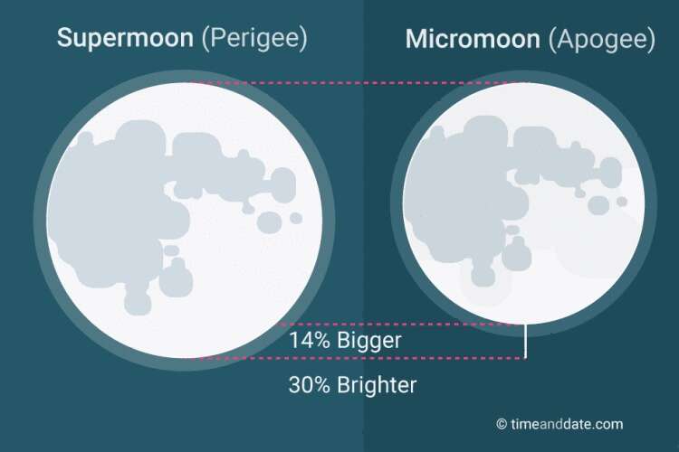 Comparaison entre une Pleine Lune lors du périgée, à gauche (Supermoon, en anglais sur le schéma, soit « superlune » en français), et une Pleine Lune lors de l’apogée, à droite (Micromoon, ou « microlune » en français), donc quand son diamètre apparent est le plus petit. La première, plus proche de la Terre, apparaît plus grande de 14 % (Bigger) et plus lumineuse de 30 % (Brighter) que la seconde. © Timeanddate.com