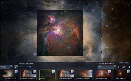 La nébuleuse d'Orion, observée par Hubble. Sous l'image, le logiciel présente d'autres vues du même objet. © Nasa/Hubble Heritage