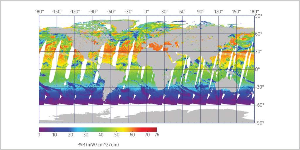 Valeurs moyennes des radiations efficaces pour la photosynthèse, obtenues par compilation de données des instruments Meris et SeaWifs (Sea-viewing Wide Field-of-view Sensor). © Esa