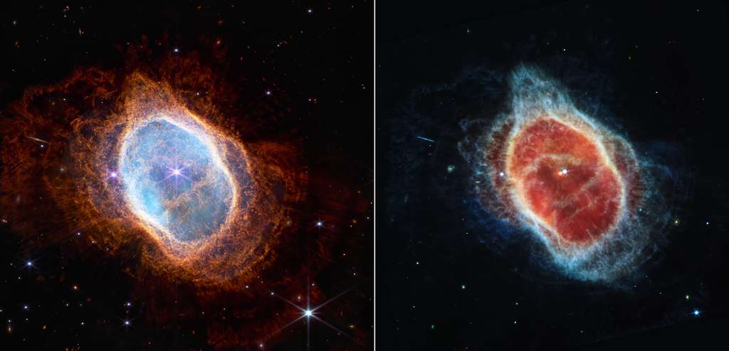 Ici à droite, la nébuleuse de l’anneau austral vue par l’instrument NIRCam du télescope spatial James-Webb (JWST) ans l’infrarouge proche et à gauche, la même nébuleuse vue par l’instrument Miri dans l’infrarouge moyen. © Nasa, ESA, CSA, STScI 