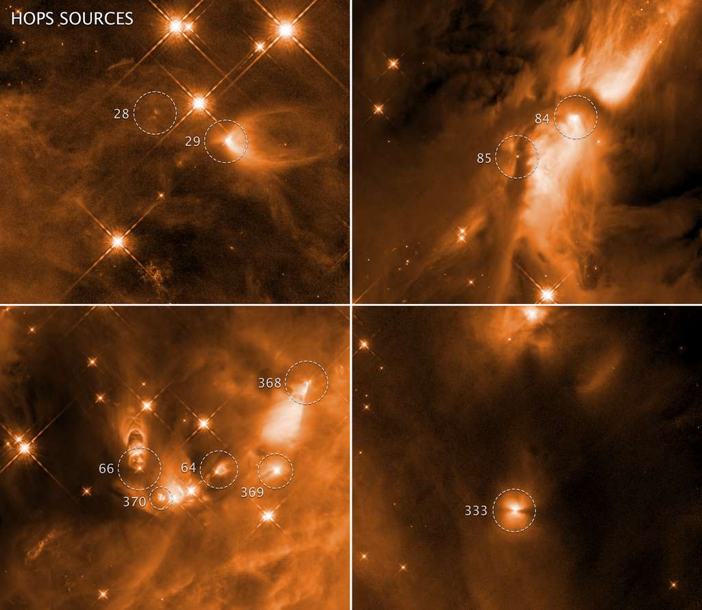 Ces quatre images prises par le télescope spatial Hubble montrent la naissance chaotique d’étoiles dans le complexe d’Orion. Enveloppées de poussières, les étoiles naissantes sont reconnaissables par un rayonnement infrarouge. © N. Habel, S. T. Megeath, Université de Toledo, Nasa, Esa, STScl
