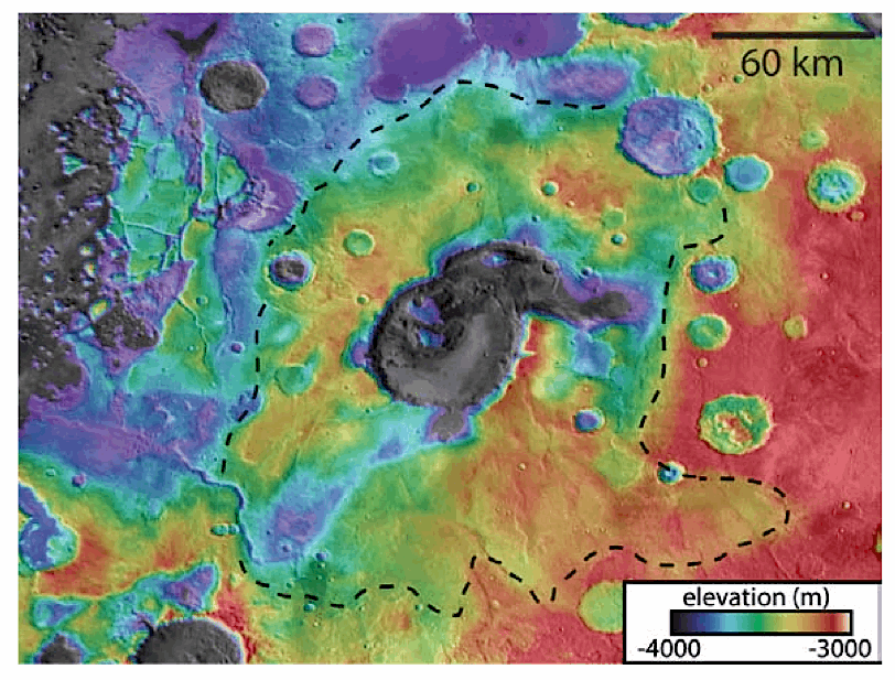 La caldeira d'Eden Patera apparaît en gris sur cette image en fausses couleurs. Il est probable qu'elle se soit formée lors de l'éruption de ce qui pouvait être un supervolcan au Noachien sur Mars. © Nasa, Joseph Michalski