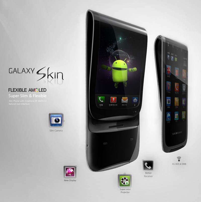 La fausse publicité, diffusée par Samsung, d'un très hypothétique Galaxy Skin, dont l'écran se replierait. Rien n'indique que ce travail de design sera réalisé un jour. © Samsung