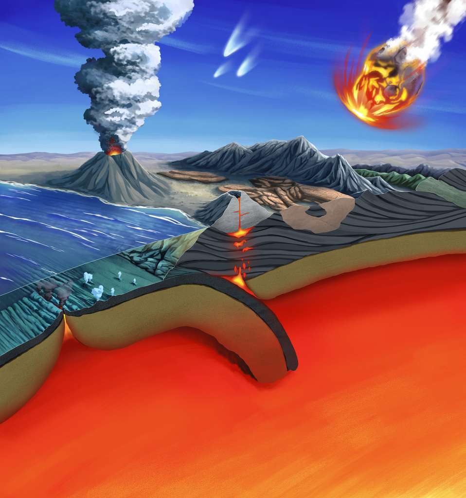Dans l’atmosphère d’une planète, le méthane peut constituer une biosignature. La trace laissée là par la vie. Mais il peut aussi être le résultat de processus non biologiques. Illustrées ici, les sources de méthane abiotiques possibles : volcans, réactions dans des milieux de type dorsales médio-océaniques, cheminées hydrothermales ou encore zones de subduction tectonique ou impacts de comètes ou d’astéroïdes. © Elena Hartley, Université de Californie