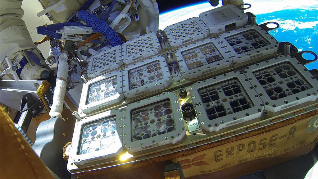 L'expérience Biomex, installée sur la plateforme externe Expose-R2 de l'Agence spatiale européenne et située à l'extérieur du segment russe de la Station spatiale internationale. © Nasa
