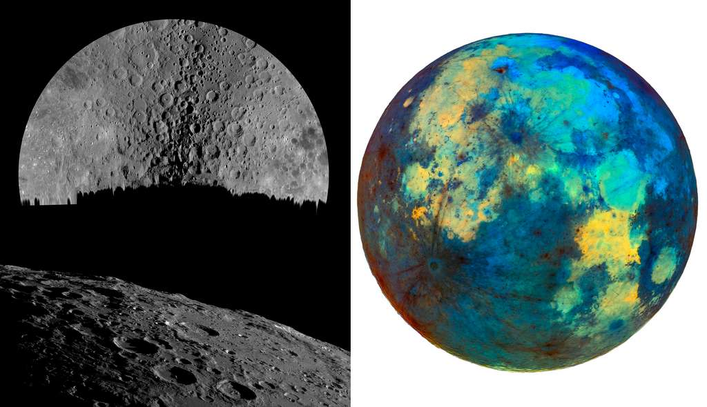 Die Oberfläche des Mondes, obwohl sie grau und einfarbig erscheint, hat in der Erde verborgene Farben, die durch verschiedene Mineralien verursacht werden.  Diese Farben sind zu schwach, um mit bloßem Auge gesehen zu werden, aber digitale Bilder ermöglichen es Fotografen, die Farben zu verstärken und eine andere Ansicht des Mondes zu zeigen.  Dieses Bild ist eine Umkehrung dieser Farben, eine einzigartige Perspektive auf unseren Mond.  Erhalten von Noah Kojawski (Lakeville, MN, USA).  Oben links auf der Mondmineralkarte befindet sich eine Reihe von Bildern des Südpols des Mondes, die an zwei verschiedenen Daten erstellt wurden (bei unterschiedlichen Ansichten des Gebiets).  Es ist eine der detailliertesten Karten, die von Amateuren dieses Teils des Mondes erstellt wurde, der von der Erde aus äußerst schwierig zu beobachten ist.  Dieses Bild wurde von Tom Glenn (San Diego, Kalifornien, USA) produziert.  Das untere linke Bild zeigt Krater und Berge am Südpol des Mondes, einschließlich des Bailly-Kraters (mit seiner markanten Mulde) auf der rechten Seite.  Unter Bailly befinden sich die Krater Bettinus, Kircher und Wilson.  Das Foto wurde von Andrea Vanion (Porto Mantofano, Lombardei, Italien) aufgenommen.