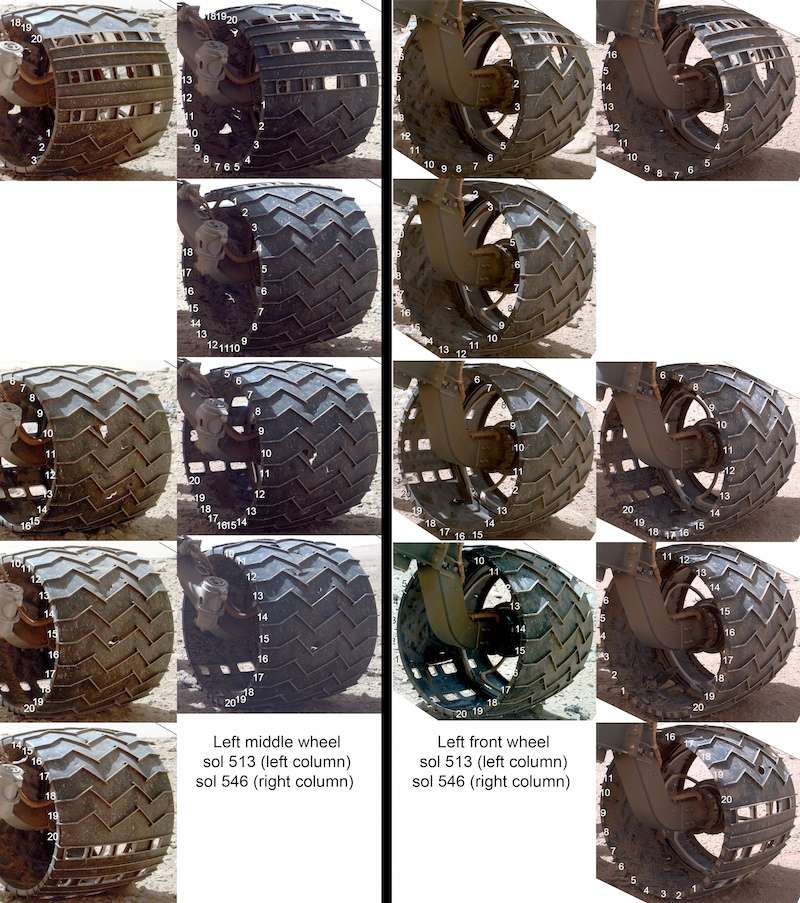 Comparaison de l’état des roues de Curiosity lors des sols 513 (à gauche) et 546 (à droite). © Nasa, JPL-Caltech, MSSS, Emily Lakdawalla
