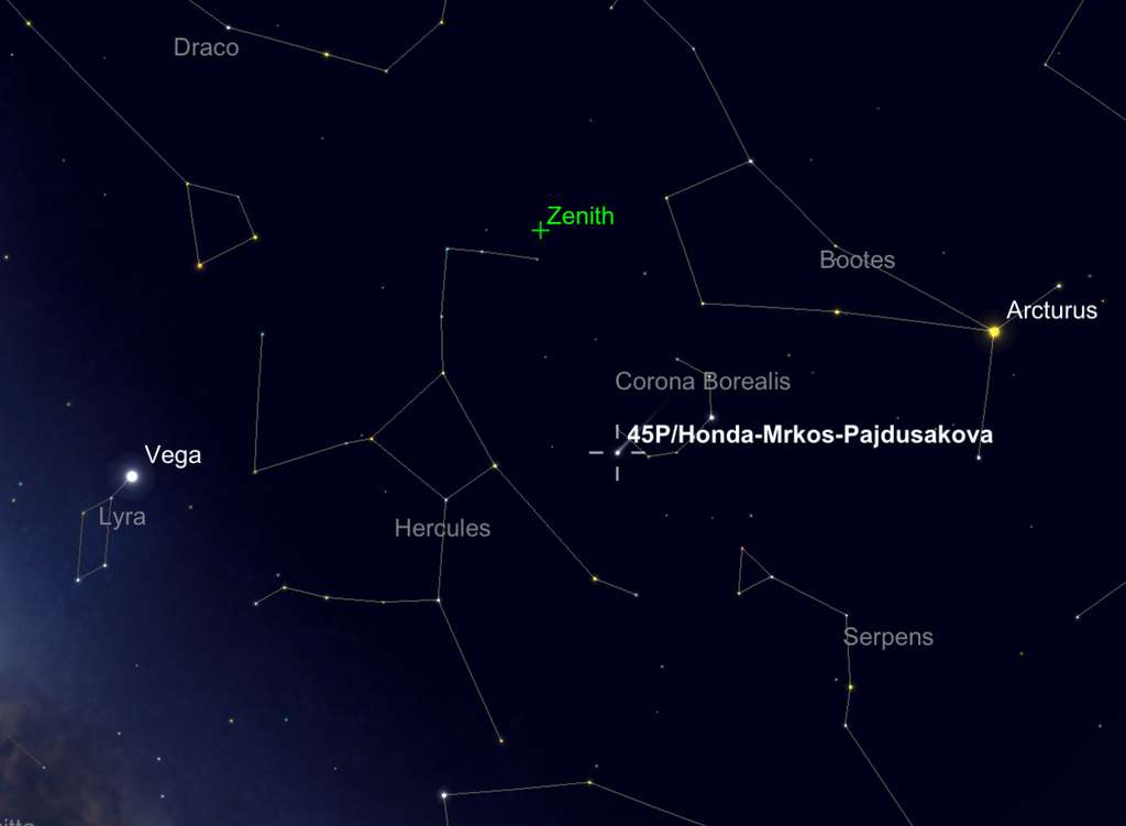 Position de la comète 45P/Honda-Mrkos-Pajdusakova, le 12 février en fin de nuit. © SkySafari