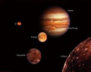 Jupiter et ses 4 principaux satellites. Crédit et montage NASA d'après les images des sondes Voyager.