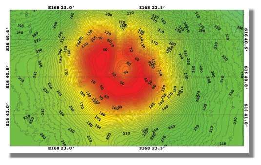 Bathymétrie du volcan sous-marin actif Epi B. Carte réalisée au cours de la campagne à la mer VATATERM à l'aide du sondeur Simrad EM1002 du N.O. Alis de l'IRD (14 mars 2004) (Ballu, Calmant et al., 2004) . Isobathes : 5 m.