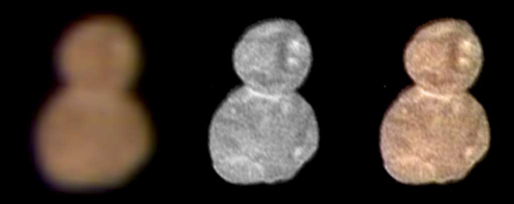 Première image couleur d’Ultima Thulé prise à environ 137.000 kilomètres, le premier janvier à 05 h 08 heure de Paris. D’une résolution supérieure, l’image centrale a été capturée par l’instrument Lorri (Long-Range Reconnaissance Imager). L’image de droite combine celle de Lorri et celle de gauche, en couleur, prise avec la caméra MVIC (Multispectral Visible Imaging Camera). Et surprise : 2014 MU69 est plutôt rouge ! © Nasa, SwRI, JHUAPL