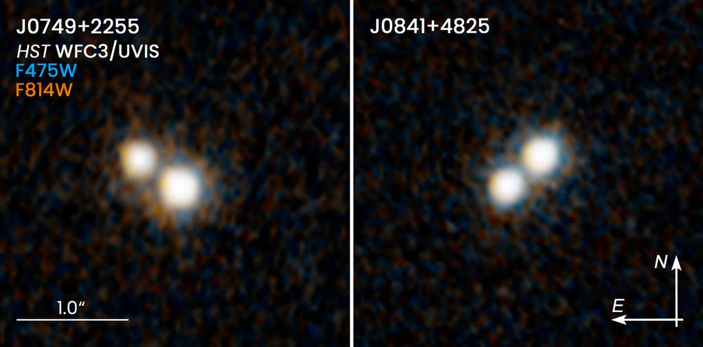Ces deux images du télescope spatial Hubble révèlent deux paires de quasars qui existaient il y a 10 milliards d'années et résident au cœur des galaxies en fusion. Chacun des quatre quasars réside dans une galaxie hôte. Ces galaxies, cependant, ne peuvent pas être vues car elles sont trop faibles, même pour Hubble. Les quasars de chaque paire ne sont distants que d'environ 10.000 années-lumière – les plus proches jamais vus à cette époque cosmique. La paire de quasars dans l'image de gauche est cataloguée comme J0749 + 2255 et la paire de droite comme J0841 + 4825. Les deux paires de galaxies hôtes habitées par chaque double quasar finiront par fusionner. Les deux images ont été prises en lumière visible. © Nasa, ESA, H. Hwang et N. Zakamska (Université Johns Hopkins), et Y. Shen (Université de l'Illinois, Urbana-Champaign)