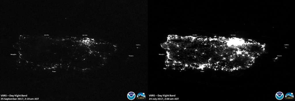 L'île de Porto Rico, avant (à droite, le 24 juillet 2017) et après (à gauche, le 25 septembre 2017) le passage de l'ouragan Maria le 20 septembre 2017. © NOAA