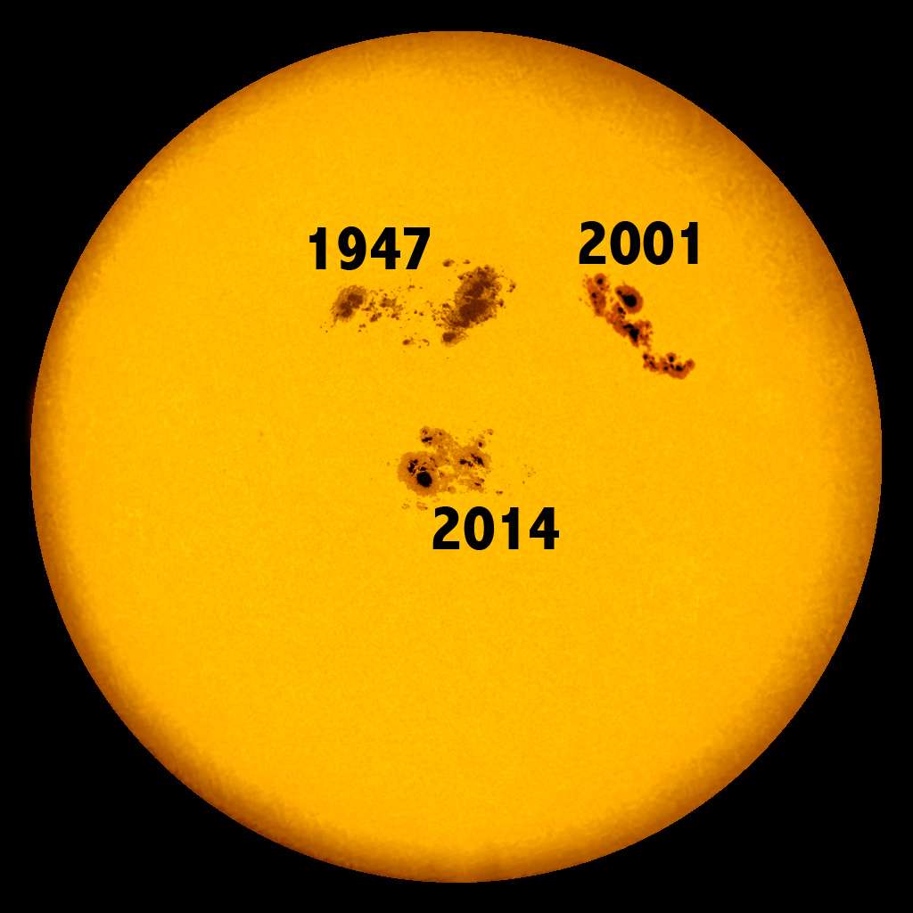 Sur ce photomontage, les trois plus grandes taches sombres observées sur la photosphère du Soleil depuis 1947 sont réunies. © Hagan Hesley