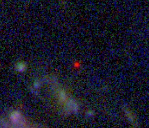 En fausse couleur rouge, une autre image de la galaxie Glass-z13 découverte avec le JWST. © Naidu et al. 2022. Image composite: Gabriel Brammer (Cosmic Dawn Center, Niels Bohr Institute, University of Copenhagen). Raw data: T. Treu (UCLA) and GLASS-JWST
