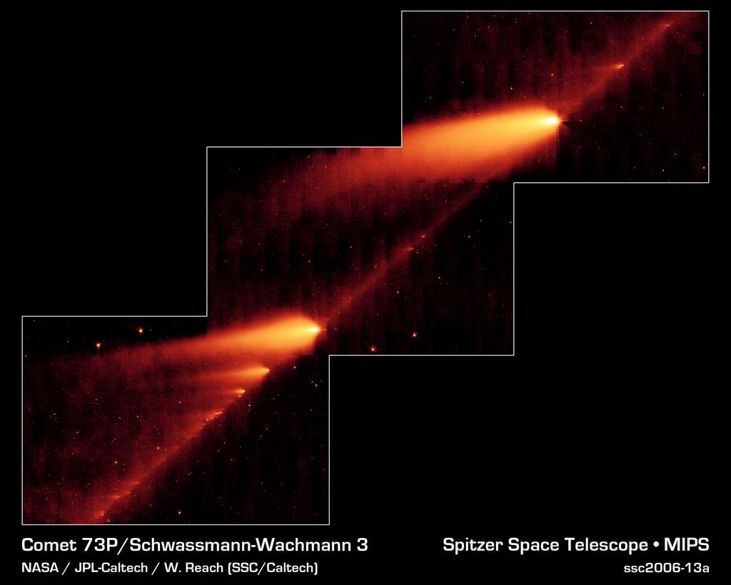 La comète 73P et sa traînée de débris observée en 2006 par le télescope Spitzer. © Nasa, JPL-Caltech, W. Reach (SSC/Caltech)
