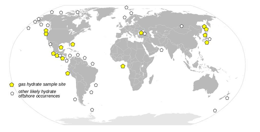 Répartition des réservoirs connus d'hydrates de méthane. © US Gov, Wikimedia Commons, domaine public