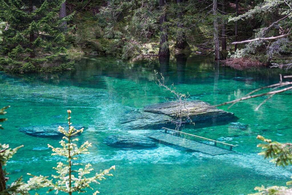 La passerelle engloutie par le lac Vert La passerelle engloutie par le lac Vert