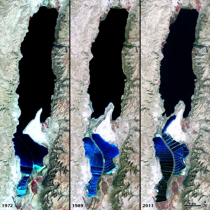 Carte satellite de l'évolution de la mer Morte, de gauche à droite : en 1972, 1989 et 2011. © Nasa Earth Observatory