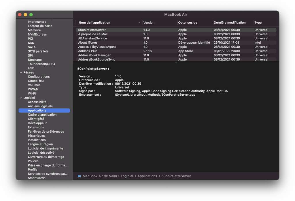 La fenêtre du rapport système des préférences, à partir du menu pomme À propos de ce Mac. © Apple