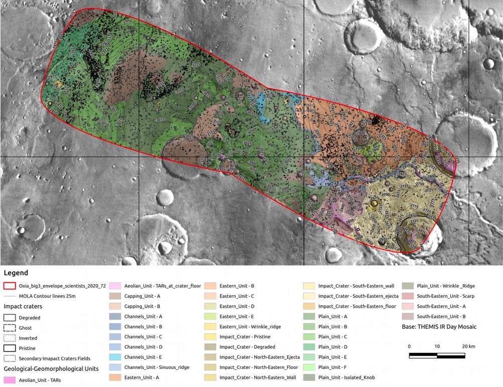 Carte d’Oxia Planum avec ses caractéristiques de texture. L’ellipse d’atterrissage, dont la localisation reste à fixer précisément, sera située dans la zone délimitée en rouge. © Nasa/JPL-Caltech/Arizona State University / Analyse : IRSPS/TAS-I