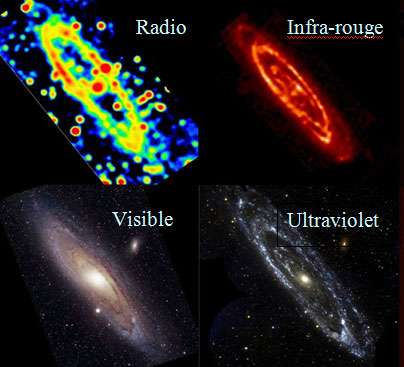 La galaxie Andromède observée dans diverses longueurs d’ondes : © -visible : Jason Ware -radio : MPIfR 19998 -infra-rouge : ESA/ISO/ISOPHOT -Ultraviolet : GALEX team/Caltech/NASA