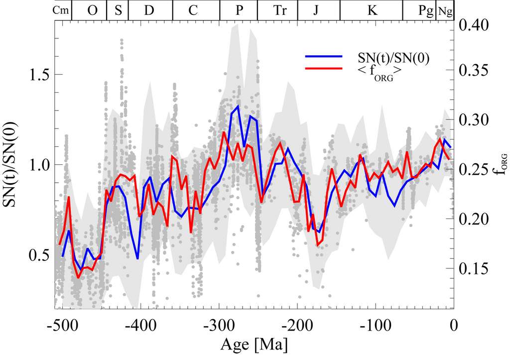 Sur ce graphique, les variations de parts de matières organiques dans les sédiments (courbe rouge) et les variations du nombre de supernovae (courbe bleue). Le tout sur les 500 derniers millions d’années. © Henrik Svensmark, Geophysical Research Letters