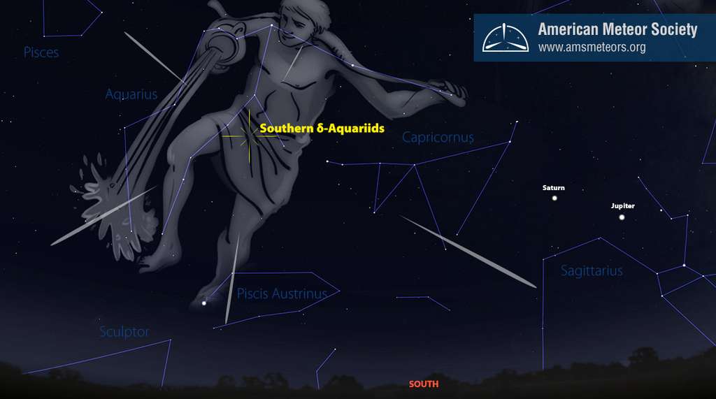 Position du radiant de l'essaim météoritique des Delta Aquarides du sud dont l'activité culmine dans la nuit du 28 au 29 juillet. Jupiter et Saturne, plus à l'ouest, sont dans la constellation du Sagittaire. © AMS Position du radiant de l'essaim météoritique des Delta Aquarides du sud dont l'activité culmine dans la nuit du 28 au 29 juillet. Jupiter et Saturne, plus à l'ouest, sont dans la constellation du Sagittaire. © AMS