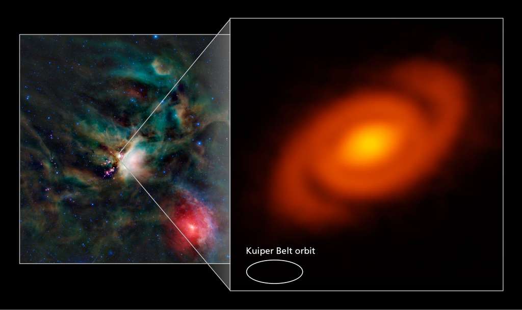 Le complexe nébuleux de Rho Ophiuchi contient des régions poussiéreuses chauffées par de jeunes étoiles. En zoomant sur l'une d'entre elles avec Alma, les astronomes ont découvert avec ce radiotélescope des bras spiraux dans un nuage protoplanétaire. Ces bras occupent une région plus grande que celle délimitée par la ceinture de Kuiper (Kuiper Belt).