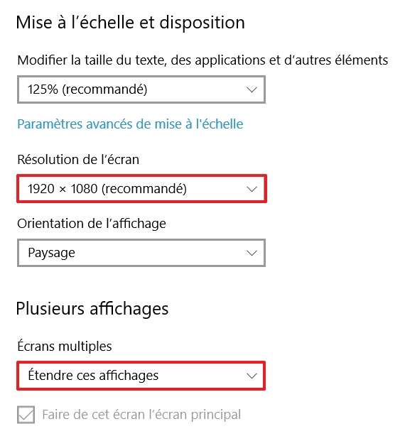 En bas de la page les paramètres, vous avez la possibilité de changer la résolution de l’écran, l’orientation de l’affichage et le mode d’affichage. © Microsoft