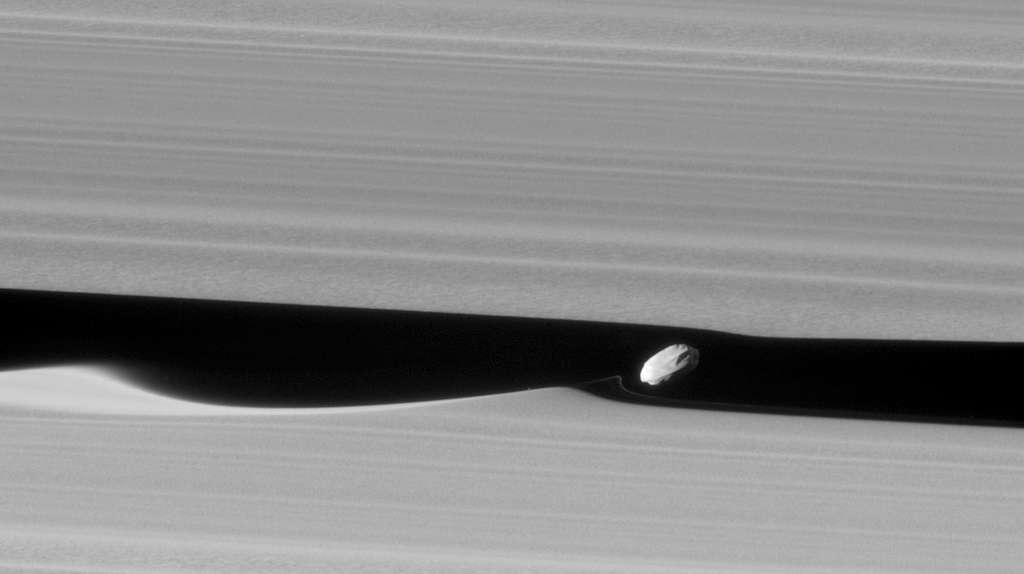 Le petit satellite Daphnis creuse des vagues dans les anneaux qu’il frôle. © Nasa, JPL-Caltech, Space Science Institute