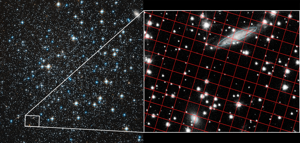 Détail d’un amas globulaire observé avec 10 ans d’intervalle. En une décennie, le mouvement des étoiles dans cet amas situé à 52.000 années-lumière est bien visible par rapport aux deux galaxies de l’arrière-plan entourées en bleu. © Nasa, ESA and S.T. Sohn, J. DePasquale (STScI)
