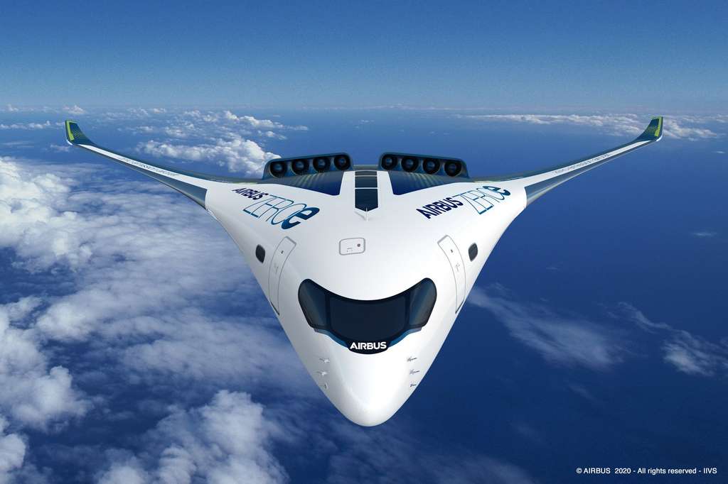 Troisième concept : Blended-Wing Body (BWB). L'apparence visuelle de l'avion sera amenée à changer en raison des contraintes de stockage de l'hydrogène. © Airbus Troisième concept : Blended-Wing Body (BWB). L'apparence visuelle de l'avion sera amenée à changer en raison des contraintes de stockage de l'hydrogène. © Airbus
