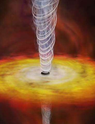 Vue d'artiste d'un trou noir super massif niché au coeur d'une galaxie. Le gaz s'échauffe en approchant du trou noir, passant du rouge au blanc. La majorité du gaz est avalé pas le trou noir, mais une partie est éjectée à une vitesse proche de celle de la lumière (Crédits : CXC/M. Weiss).