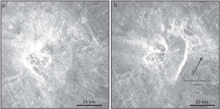 Images radar du sommet du volcan Idunn Mons sur Vénus : les zones fortement réflectives suggèrent la présence de blocs liés à l'effondrement de la caldera. © D'Incecco et al. 2021