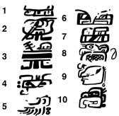 Les 10 glyphes découverts par l'équipe de William Saturno dans la pyramide de "Las Pinturas" ; Ils sont peints en noir sur une couche de construction blanche remontant à 200 ou 300 avant notre ère. (Courtesy of Science)