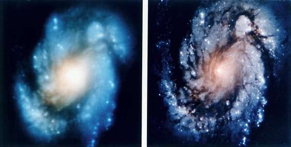 Amélioration de la qualité optique du télescope spatial Hubble grâce à l’installation d’optiques correctives en 1993… alors que Hubble était déjà dans l’espace. Avant correction à gauche, après correction à droite. © Nasa