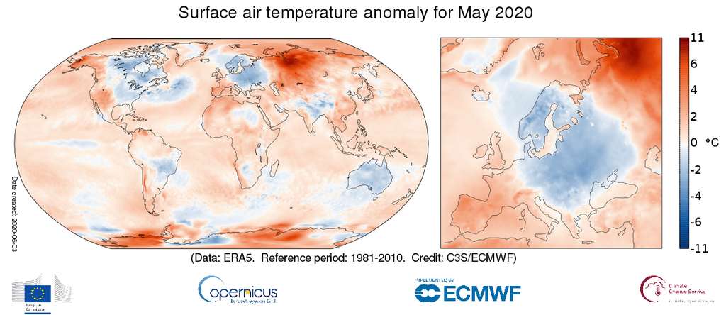 L’Europe a connu, en mai 2020, une situation contrastée avec des températures au-dessus de la moyenne à l’ouest et au sud-ouest et des températures parfois largement en dessous des moyennes à l’est et au nord. © Programme Copernicus, ECMWF