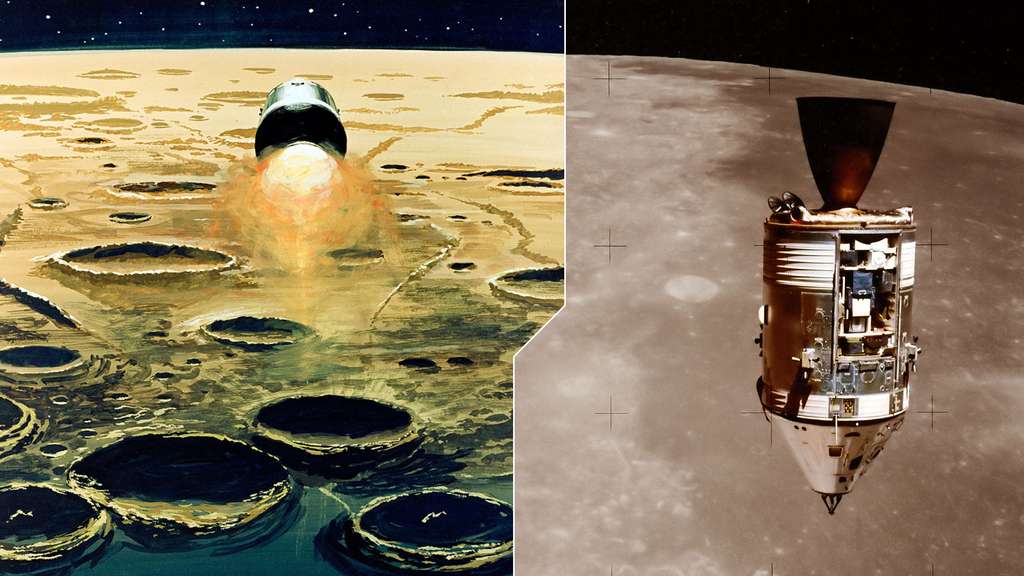 Le module lunaire survolant la Lune Le module lunaire survolant la Lune