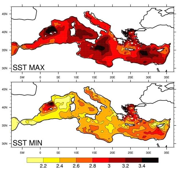 Cartes des anomalies minimales et maximales de température de surface prévues par l’ensemble de simulations à la fin du XXIe siècle (2070-2099) en comparaison avec la période 1961-1990. © Climate Dynamics