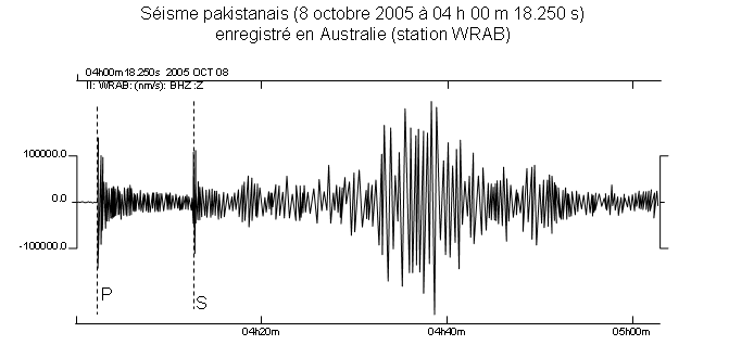 Exemple de sismogramme pour le séisme ayant eu lieu au Pakistan en 2005. On voit en premier l’arrivée des ondes P, puis les ondes S. Le fort train d’onde qui arrive ensuite correspond aux ondes de surface © Banque de Schémas de l’académie de Dijon.