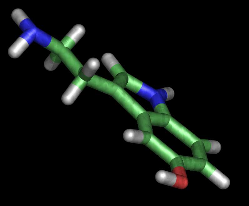 La sérotonine (C10H12N2O), vue ici en 3D, est un neurotransmetteur impliqué dans le traitement de la douleur. © 2°1°°, Wikipedia, Domaine public