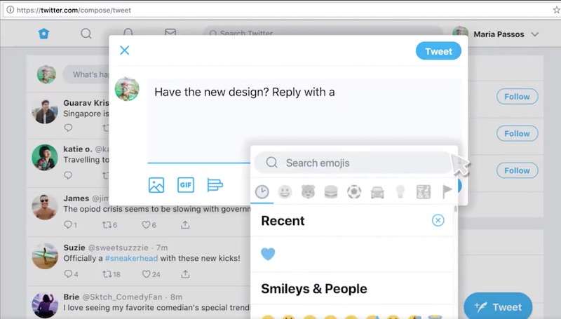 Le nouveau twitter.com fait la part belle aux ajouts d'emojis. © Twitter