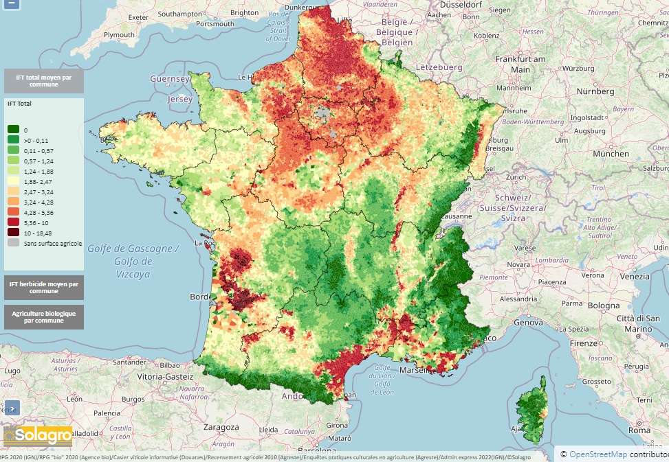 La carte de France Adonis qui permet de visualiser l'usage des pesticides ville par ville. © Solagro